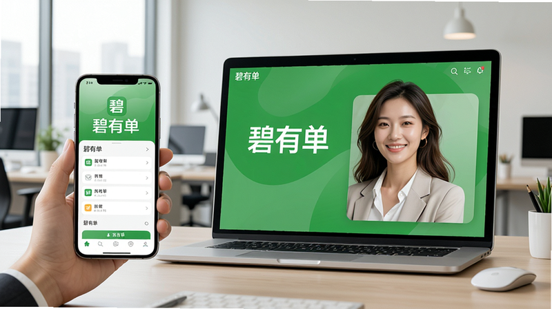 展示碧有单在手机和电脑上同步使用的场景图,手机和电脑屏幕都显示碧有单界面,背景为办公室环境,突出“碧有单”品牌,画质清晰,无多余元素。