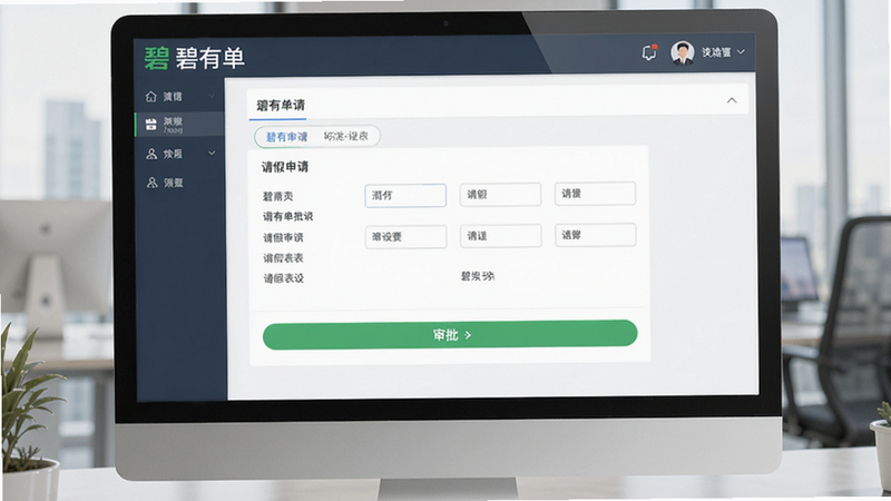 展示碧有单审批功能界面的图片,屏幕上有请假申请表单和审批按钮,界面风格商务化,突出“碧有单”品牌,画质清晰,无多余元素。
