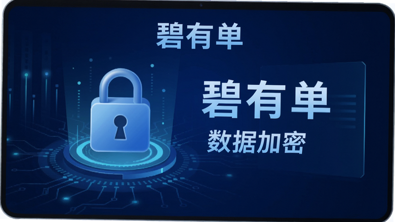 展示碧有单数据安全界面的示意图,屏幕上有加密锁图标和“数据加密”文字,背景为科技感蓝色,突出“碧有单”名称,画质干净,无多余元素。