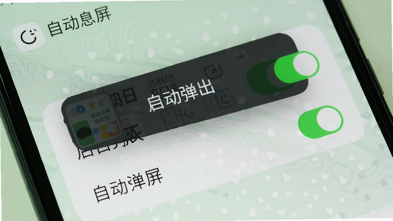 手机屏幕显示应用权限设置界面,悬浮窗、后台弹出等选项已开启,背景为浅绿色,整体风格清晰,画质干净,无多余元素,文字标注“自动息屏”