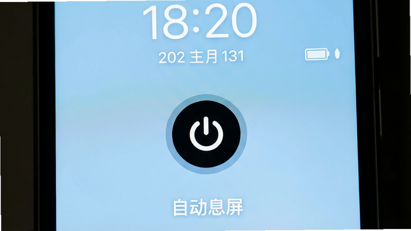 一张智能手机屏幕展示自动息屏主界面,界面简洁清爽,中央有一个明显的圆形电源按钮,周围环绕着时间、日期和电量信息,背景为淡蓝色渐变,整体风格扁平化,细节清晰,画质干净,无多余元素,文字标注“自动息屏”