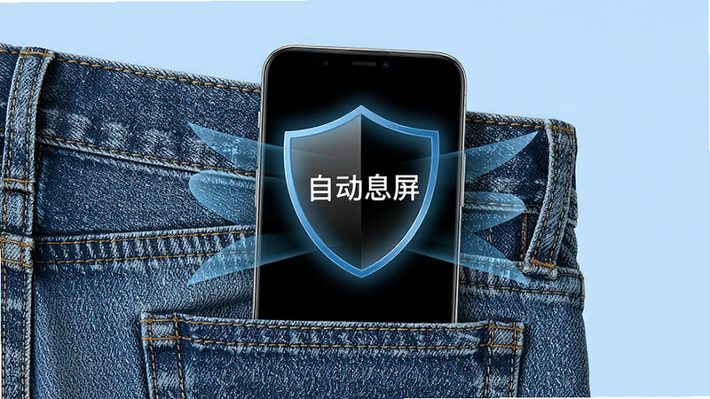 手机放在牛仔裤口袋中,屏幕保持熄灭状态,周围有保护盾牌图标,背景为浅蓝色,整体风格安全可靠,画质干净,无多余元素,文字标注“自动息屏”
