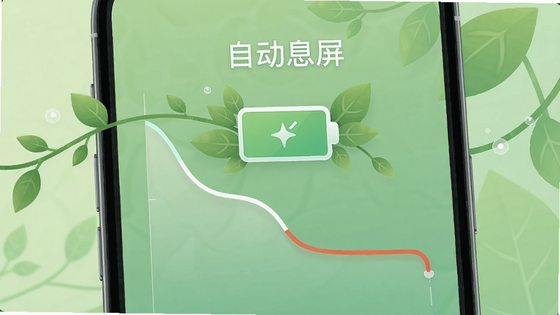 手机屏幕显示电池电量曲线图,电量消耗明显降低,背景为绿色环保风格,电量图标周围有叶子装饰,整体色调柔和,画质干净,无多余元素,文字标注“自动息屏”