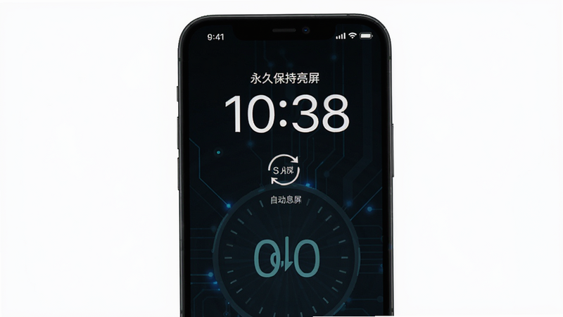 手机屏幕显示“永久保持亮屏”模式开启,屏幕常亮显示时钟,背景为深色,风格科技感,画质干净,无多余元素,文字标注“自动息屏”