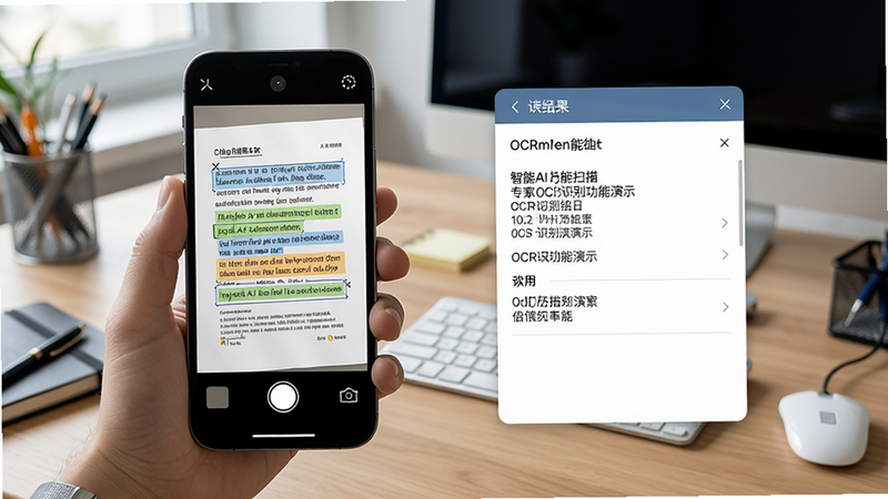 智能AI万能扫描专家OCR识别功能演示,手机屏幕显示扫描的文档图片,文字被高亮框选,旁边弹出识别结果面板,背景为工作台场景,布局清晰,细节丰富,画质高清,干净