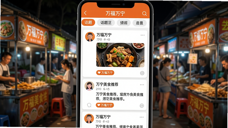 ���壺������APP����������ҳ�棬��Ļ����ʾ������Ӻ����ۣ����û�ͷ����ǳƣ�����һ�����ӱ���Ϊ��������ʳ�Ƽ��������֣��ֻ���Ļ�����������б��������С����������������ͻ�������ǩ���Ű棺���ӿ�Ƭ��ͷ�������������ҡ�����罻APP���ɫ���԰�ɫ�ͳ�ɫΪ����ϸ�ڣ������·��С��������������ǩ������Ϊ����ҹ�����ֳ��������ʣ����壬�ɾ����޶���Ԫ�ء�