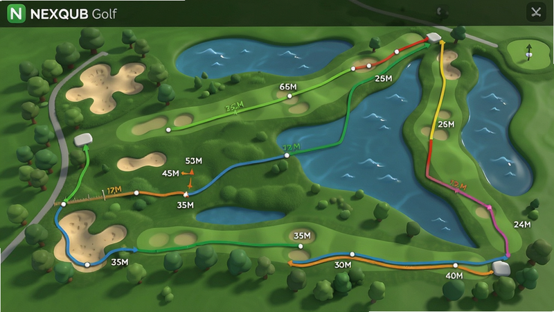 一张NEXQUB Golf球场3D地图界面,显示球道、沙坑、水障碍等元素,并用彩色线条标注推荐路线,界面带有距离测量标记,风格逼真,画质高清,无多余元素,图片中带有“NEXQUB Golf”应用名称