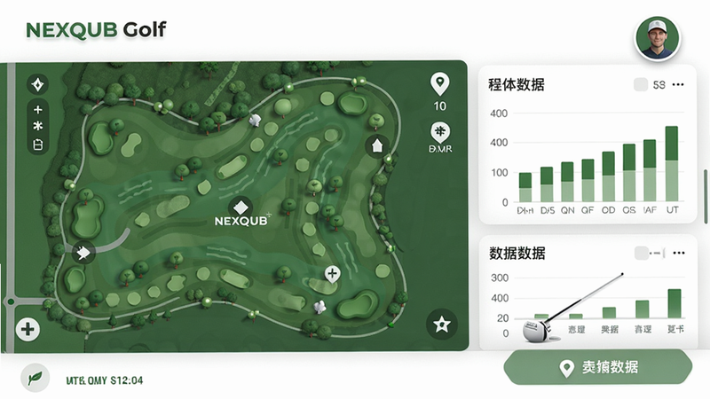 一张展示NEXQUB Golf应用主界面的高清截图,界面包含球场地图、挥杆数据图表和用户头像,布局简洁现代,配色以绿色和白色为主,风格清新自然,细节丰富,画质清晰干净,无多余元素,图片中显示应用名称“NEXQUB Golf”