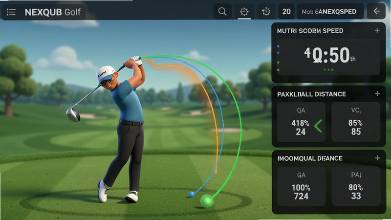 一张NEXQUB Golf挥杆分析界面截图,左侧显示挥杆轨迹动画,右侧为数据面板,包括杆头速度、击球距离等指标,背景为高尔夫球场,风格专业科技感,画质清晰,无多余元素,图片中带有“NEXQUB Golf”字样