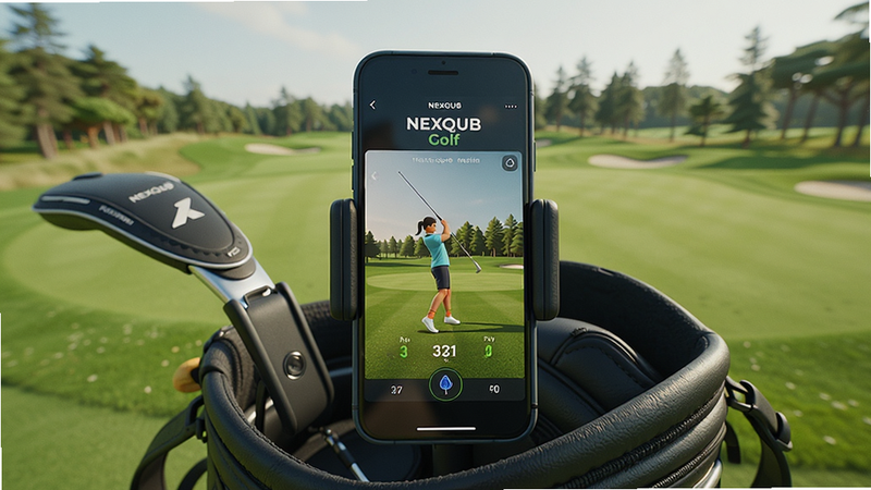 一张NEXQUB Golf在手机上的实际使用场景图,手机固定在球包上,屏幕显示挥杆数据,背景为高尔夫球场,光线自然,构图清晰,画质干净,无多余元素,图片中带有“NEXQUB Golf”文字