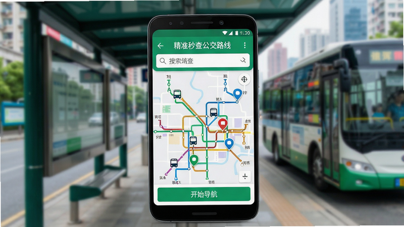 画面主体为一部亮屏的安卓手机,屏幕正中央显示“精准秒查公交路线”APP界面,界面上方为搜索栏,下方为彩色公交线路图与车辆实时位置标记。布局采用手机居中、背景为模糊的城市公交站台,整体风格扁平化、色彩明亮清新,细节包括屏幕上的绿色“开始导航”按钮与蓝色路线线条,画质高清干净,无多余元素。