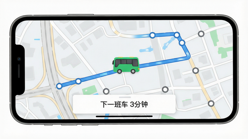 画面主体为手机横屏展示的实时公交追踪地图,地图上有一辆绿色公交车图标正在沿蓝色路线行驶,屏幕下方显示“下一班车 3分钟”文字标签。布局为地图全屏、底部悬浮白色信息卡片,风格为简洁的扁平化设计,细节包括路网线条、站点圆点标记和车辆动态轨迹,画质干净清晰,无多余元素。