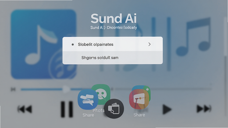 Sund Ai 一键导出分享界面,显示导出选项和分享平台图标,背景有音乐播放器样式,风格简洁,蓝色调,画质清晰,干净无多余元素