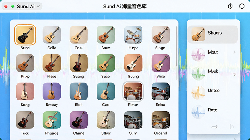 Sund Ai 海量音色库界面,展示各种乐器图标和音色分类列表,背景有波形图装饰,风格明亮清晰,色彩丰富,画质干净,无多余元素