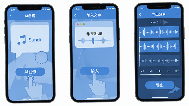 Sund Ai 使用教程步骤图,展示手机操作界面,包含点击AI创作按钮、输入文字、生成旋律、编辑音轨、导出分享等步骤,风格扁平化设计,蓝色主调,画质清晰,干净无多余元素
