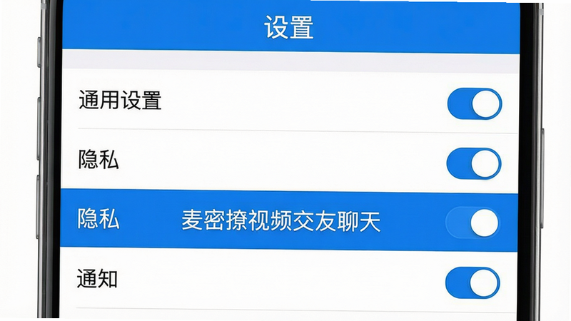 主体:麦密撩视频交友聊天应用的设置界面,展示“通用设置”、“隐私”、“通知”等选项。布局:列表式排列,每项右侧有开关按钮。排版:清晰明了,顶部有“设置”标题。风格:简洁商务,白色背景,蓝色点缀。细节:其中“隐私”选项高亮,显示“麦密撩视频交友聊天”字样。画质:高清,干净,无多余元素。