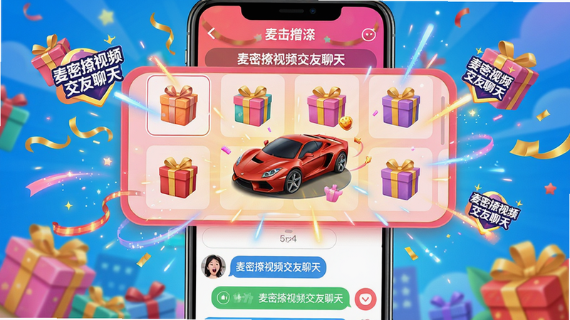 主体:麦密撩视频交友聊天应用中的礼物赠送界面,一位用户正在发送虚拟跑车礼物。布局:屏幕中央为礼物选择栏,下方为聊天窗口,礼物特效全屏展示。排版:礼物图标排列整齐,特效动画华丽。风格:活泼喜庆,色彩鲜艳。细节:礼物特效中有“麦密撩视频交友聊天”的Logo,用户表情惊喜。画质:高清,干净,无多余元素。