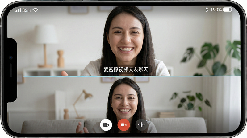 主体:麦密撩视频交友聊天应用中的高清视频通话界面,两位用户正在愉快交流。布局:屏幕分为上下两部分,上方为对方视频画面,下方为本端画面及控制按钮。排版:视频画面占比大,按钮清晰标注“麦密撩视频交友聊天”字样。风格:自然生活化,光线柔和,背景简洁。细节:画面中人物笑容自然,界面有信号强度、电量等状态图标。画质:高清,干净,无多余元素。