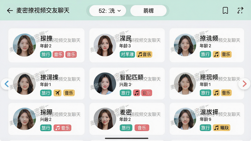 主体:麦密撩视频交友聊天应用中的智能匹配推荐页面,展示多位用户卡片。布局:卡片式排列,每张卡片包含用户头像、昵称、年龄和兴趣标签。排版:卡片大小均匀,左右滑动浏览,顶部有筛选条件栏。风格:清新简洁,色彩明快。细节:卡片上有“麦密撩视频交友聊天”的水印,用户头像清晰,兴趣标签如“旅行”、“音乐”等。画质:高清,干净,无多余元素。