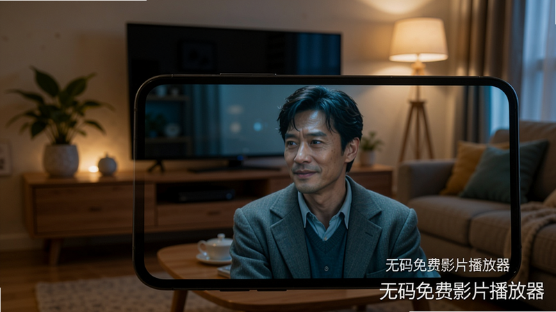 一部手机播放高清影片,画面清晰流畅,屏幕右下角显示“无码免费影片播放器”的水印,背景为昏暗的客厅,电视柜上摆放绿植,暖色灯光,画质细腻,无多余元素。
