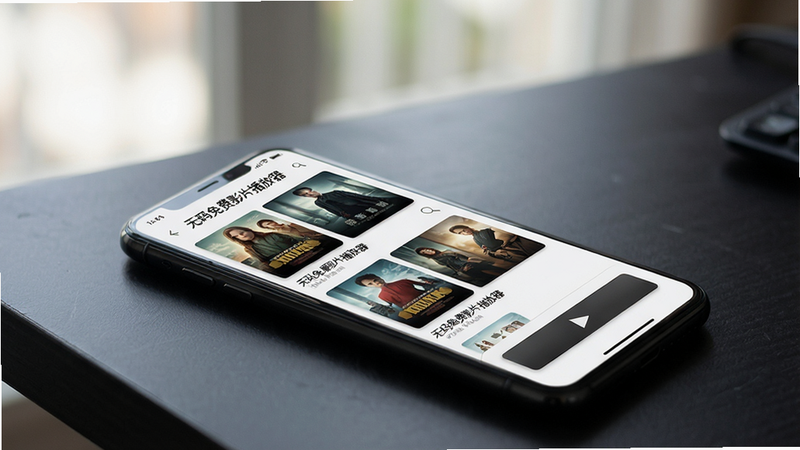 一张展示智能手机屏幕播放影片的画面,屏幕中清晰显示“无码免费影片播放器”的界面,界面风格现代简洁,带有影片海报列表和播放按钮,手机斜放在深色桌面上,背景虚化,光线柔和,突出屏幕内容,画质高清,干净无多余元素。