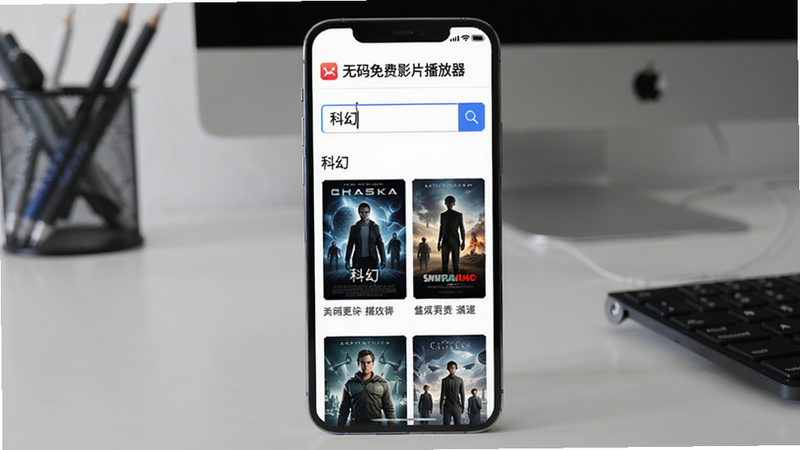 手机屏幕展示“无码免费影片播放器”的搜索页面,搜索框内输入“科幻”,下方显示多部科幻电影海报缩略图,背景为现代简约书桌,手机直立摆放,光线充足,画面清晰。