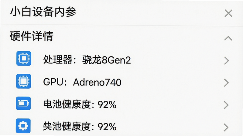 一张“小白设备内参”应用界面截图,下方展开“硬件详情”页面,列有“处理器:骁龙8Gen2”、“GPU:Adreno740”、“电池健康度:92%”等条目,每项左侧为蓝色图标,右侧为黑色文字,背景白色,排版清晰,风格扁平化,画质干净