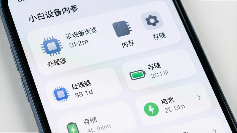 一张智能手机屏幕特写,屏幕上清晰显示“小白设备内参”主界面,界面布局整齐,上方为设备概览卡片,下方为分类参数列表,包含“处理器”、“内存”、“存储”、“电池”等模块,整体风格简洁现代,浅色背景,图标圆润,文字清晰,画质高清,干净无多余元素