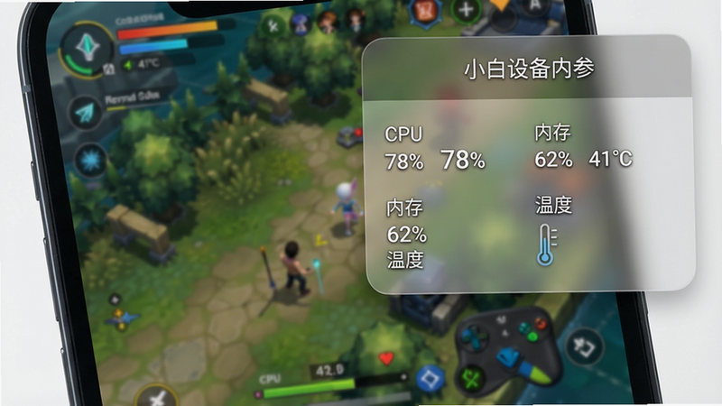 一张手机屏幕显示“小白设备内参”的实时监控悬浮窗,悬浮窗半透明,显示“CPU 78%”、“内存 62%”、“温度 41℃”等数据,背景为游戏画面,悬浮窗位于屏幕右上角,风格现代,画质清晰,无多余元素