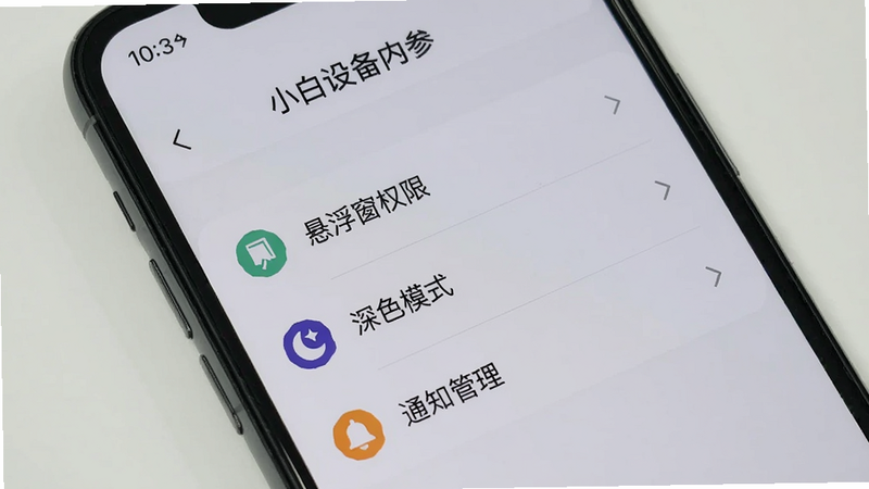 一张手机屏幕展示“小白设备内参”的设置页面,包含“悬浮窗权限”、“深色模式”、“通知管理”等选项,背景为浅灰色,列表清晰,图标简洁,风格扁平,画质干净