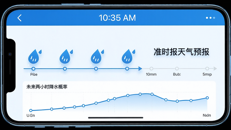 一张展示手机横屏界面的图片,界面中有一条时间轴,上面分布着雨滴图标,右侧有“准时报天气预报”字样,界面顶部有当前时间,底部有未来两小时降水概率曲线。整体风格科技感,蓝白配色,画质干净,无多余元素。