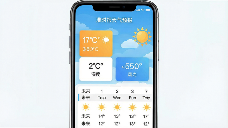 一张展示智能手机屏幕的图片,屏幕中央显示“准时报天气预报”应用界面,界面有晴朗的天空背景、温度、湿度、风力等天气数据卡片,下方有未来7天预报列表。整体布局简洁清晰,风格现代扁平化,色彩明亮,画质干净,无多余元素。