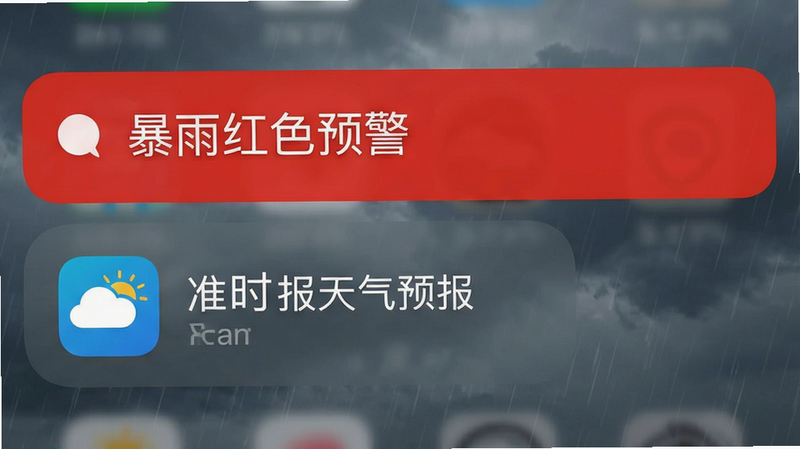 一张展示手机通知栏的图片,通知栏顶部有一条醒目的红色预警消息,内容为“暴雨红色预警”,下方有“准时报天气预报”应用图标,背景是阴沉天空和雨幕。整体风格写实,画质干净,无多余元素。