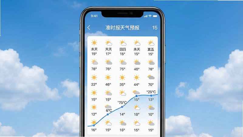 一张展示手机应用15天预报页面的图片,界面中有未来15天的天气图标和温度曲线,顶部有“准时报天气预报”字样,背景是蓝天白云,整体风格简洁,画质干净,无多余元素。