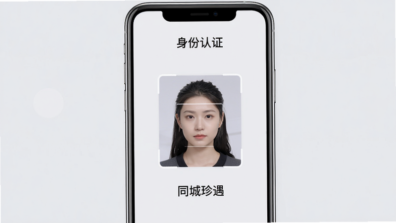 同城珍遇实名认证界面,手机屏幕中央显示人脸识别框,上方有“身份认证”标题,下方有“同城珍遇”字样,背景为浅灰色,风格简洁正式,画质高清,无多余元素