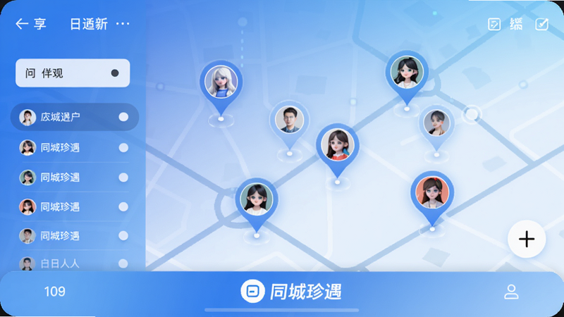 同城珍遇附近的人页面,地图上显示多个用户头像标记,左侧有筛选栏,底部有“同城珍遇”logo,整体色调为蓝白渐变,科技感风格,画面干净,画质清晰