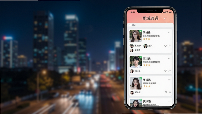同城珍遇APP主界面展示,手机屏幕中显示附近用户卡片列表,顶部有“同城珍遇”品牌字样,背景为模糊的城市夜景,整体风格现代简约,UI干净明亮,画质高清,无多余元素
