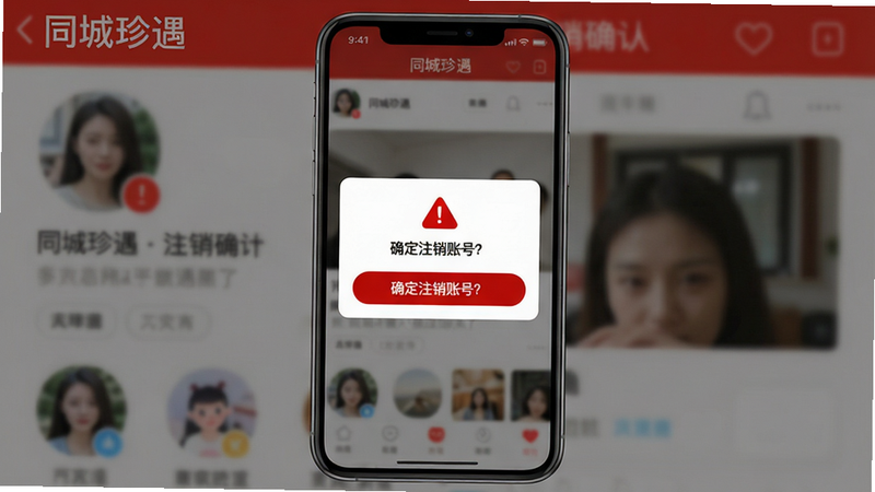 同城珍遇注销确认弹窗,手机屏幕中央显示“确定注销账号?”红色按钮,背景为模糊的用户主页,顶部有“同城珍遇”名称,风格警示醒目,画质清晰,无多余元素