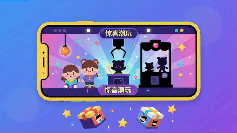 画面主体为一部亮黄色智能手机横屏展示,屏幕内呈现出色彩缤纷的虚拟潮玩街机界面,界面中有可爱的卡通玩偶、抓娃娃机剪影与炫彩光效。布局为主视觉居中,手机下方漂浮着几个潮玩盒子与星星元素。排版干净清爽,背景为渐变蓝紫色,风格为现代扁平化插画风,细节包含屏幕上的“惊喜潮玩”字样,画质高清,干净无多余元素。