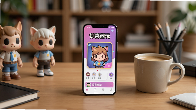 画面主体为一张温馨的工作台,桌上放着一部手机正在运行惊喜潮玩,手机旁边有一杯咖啡和几个潮玩手办。布局为工作台居中,背景为虚化的书房环境。排版自然,风格为生活摄影风,细节包含手机屏幕上的“惊喜潮玩”界面,画质清晰,干净无多余元素。
