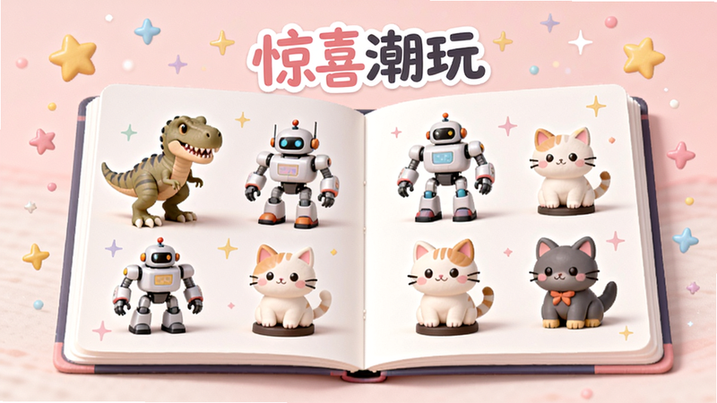 画面主体为一本展开的电子图鉴画册,画册页面中展示着多款精美的潮玩3D模型,有恐龙、机器人、可爱猫咪等。布局为画册居中,周围漂浮着星星和闪光粒子。排版为左右翻页设计,背景为淡粉色,风格为清新手绘风,细节在图鉴顶部有“惊喜潮玩”艺术字,画质柔和,干净无多余元素。