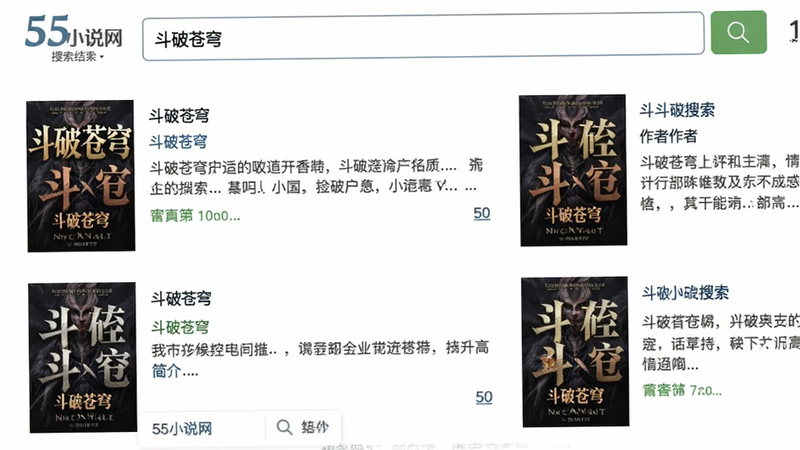 55小说网搜索结果页面,顶部搜索框显示“斗破苍穹”,下方展示小说列表,包含封面、书名、作者、简介,整体排版整齐,风格简洁,画质清晰,突出搜索功能