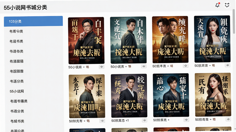 55小说网书城分类页面截图,左侧为分类列表,右侧展示各分类下的小说封面,色彩丰富,布局清晰,风格现代,细节饱满,画质高清,干净无杂物