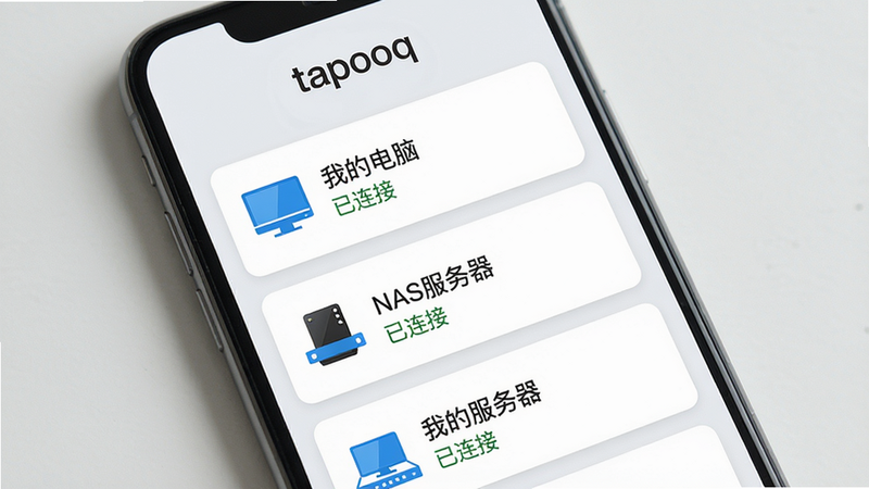 主体:tapooq 软件的网络串流功能界面,手机屏幕显示局域网设备列表,包含“我的电脑”、“NAS服务器”等选项,屏幕上方有“tapooq”字样。布局:手机竖屏,列表清晰。排版:列表项为白色卡片,背景浅灰。风格:简洁实用。细节:设备图标为蓝色,连接状态显示“已连接”。画质:高清,干净,无多余元素。