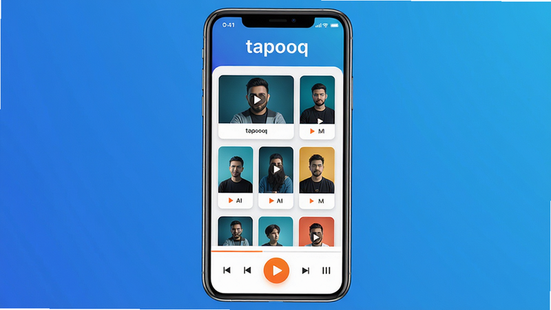 主体:tapooq 软件的主界面展示,一部智能手机屏幕内显示简洁的播放器界面,包含视频列表和播放控制按钮,屏幕上方有“tapooq”字样。布局:手机居中,背景为渐变蓝色,界面元素清晰。排版:界面采用卡片式布局,封面图整齐排列。风格:现代扁平化设计,色彩鲜明。细节:播放按钮为橙色,界面无多余文字。画质:4K超清,干净,无多余元素。