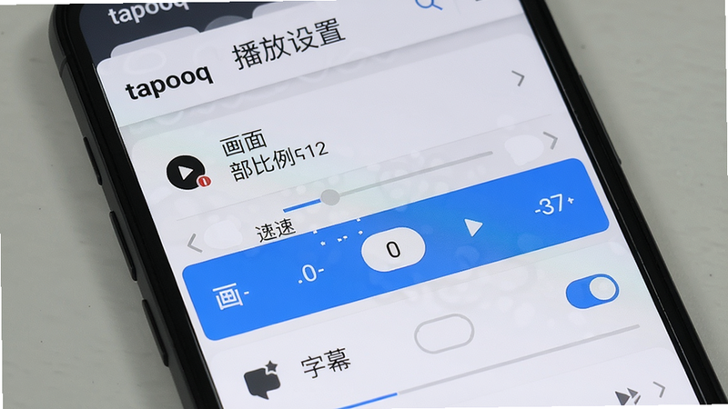 主体:tapooq 软件播放设置界面,手机屏幕显示播放速度选项、画面比例选择、字幕开关等,屏幕顶部有“播放设置”标题和“tapooq”字样。布局:手机竖屏,列表式设置项。排版:设置项为单列排列,每个项目配有图标。风格:简洁直观。细节:倍速选项高亮显示。画质:高清,干净,无多余元素。