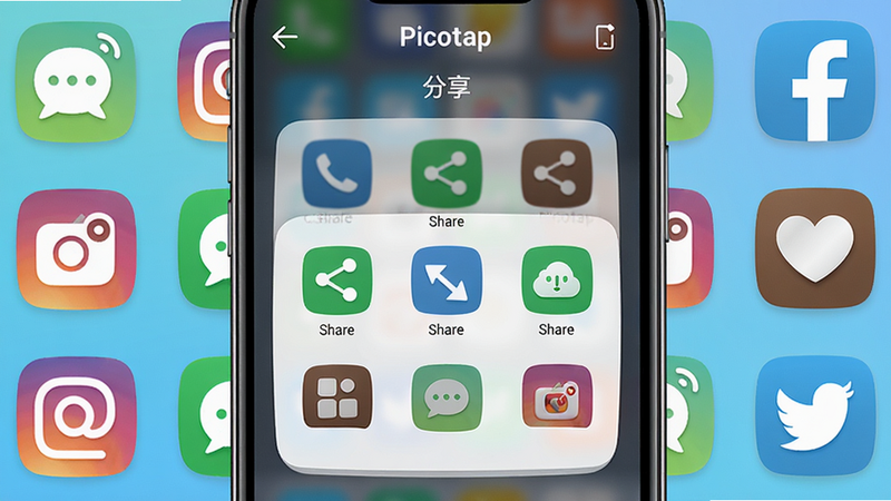 主体:Picotap分享功能界面,显示多种分享渠道图标。布局:手机屏幕中央显示分享菜单,周围环绕社交软件图标。排版:图标排列整齐,色彩丰富。风格:活泼、现代。细节:屏幕标注