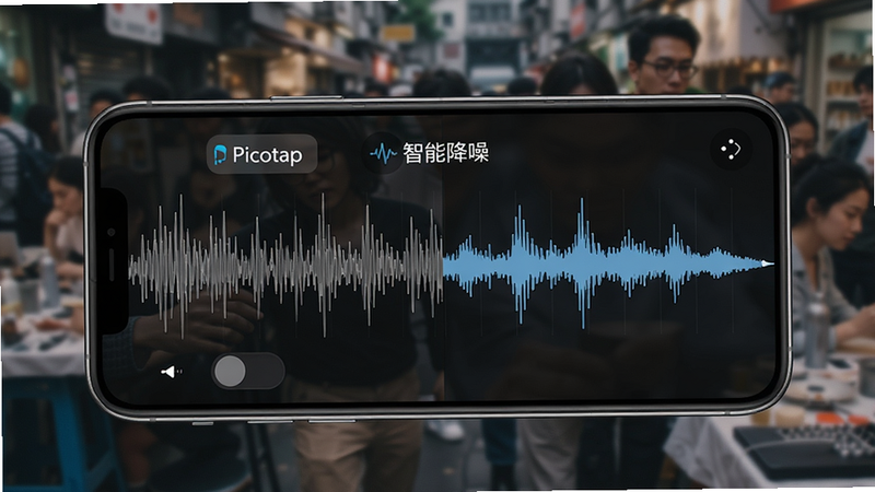 主体:Picotap应用降噪功能演示,手机放在嘈杂环境中。布局:手机屏幕显示降噪开关及效果对比。排版:左右分屏对比,左侧有噪音波纹,右侧为纯净波形。风格:直观、实用。细节:屏幕标注