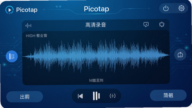 主体:Picotap应用录音界面,显示高清音质波形。布局:界面占据画面主要位置,背景为渐变蓝色科技感。排版:波形图居中,四周有功能按钮。风格:科技、专业。细节:波形细腻,界面标注