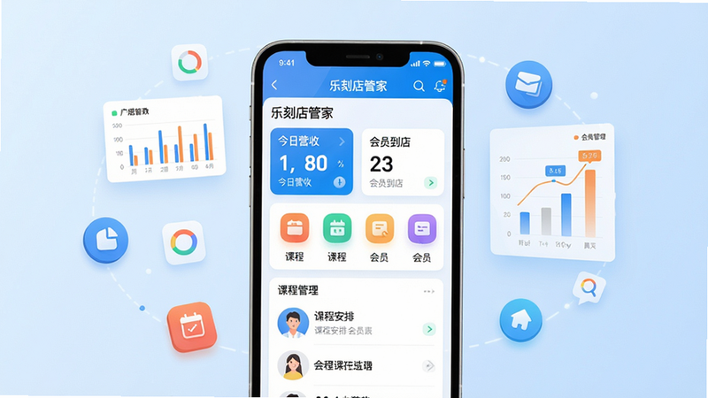 主体:一部智能手机屏幕显示乐刻店管家主界面,界面风格简洁现代,包含门店运营数据看板、课程管理图标、会员列表等元素。布局:手机居中,背景为淡蓝色渐变,营造科技感,周围有浮动的数据图表与图标装饰。排版:画面干净,主次分明,手机屏幕内容清晰可读。风格:扁平化设计,色彩明快,突出移动办公与智能管理主题。细节:屏幕中显示“乐刻店管家”字样,以及“今日营收”“会员到店”“课程安排”等卡片。画质:高清渲染,干净无多余元素。
